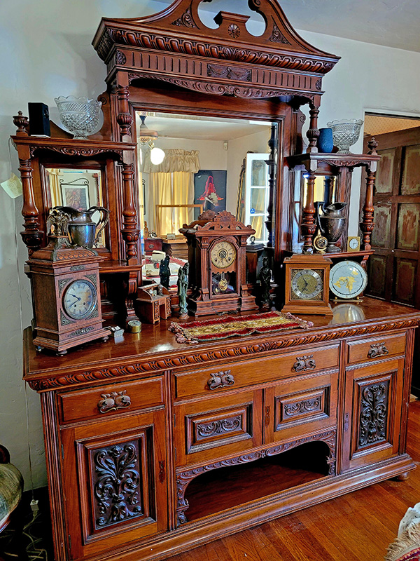 Carved-Wood-Cabinet-and-Clocks